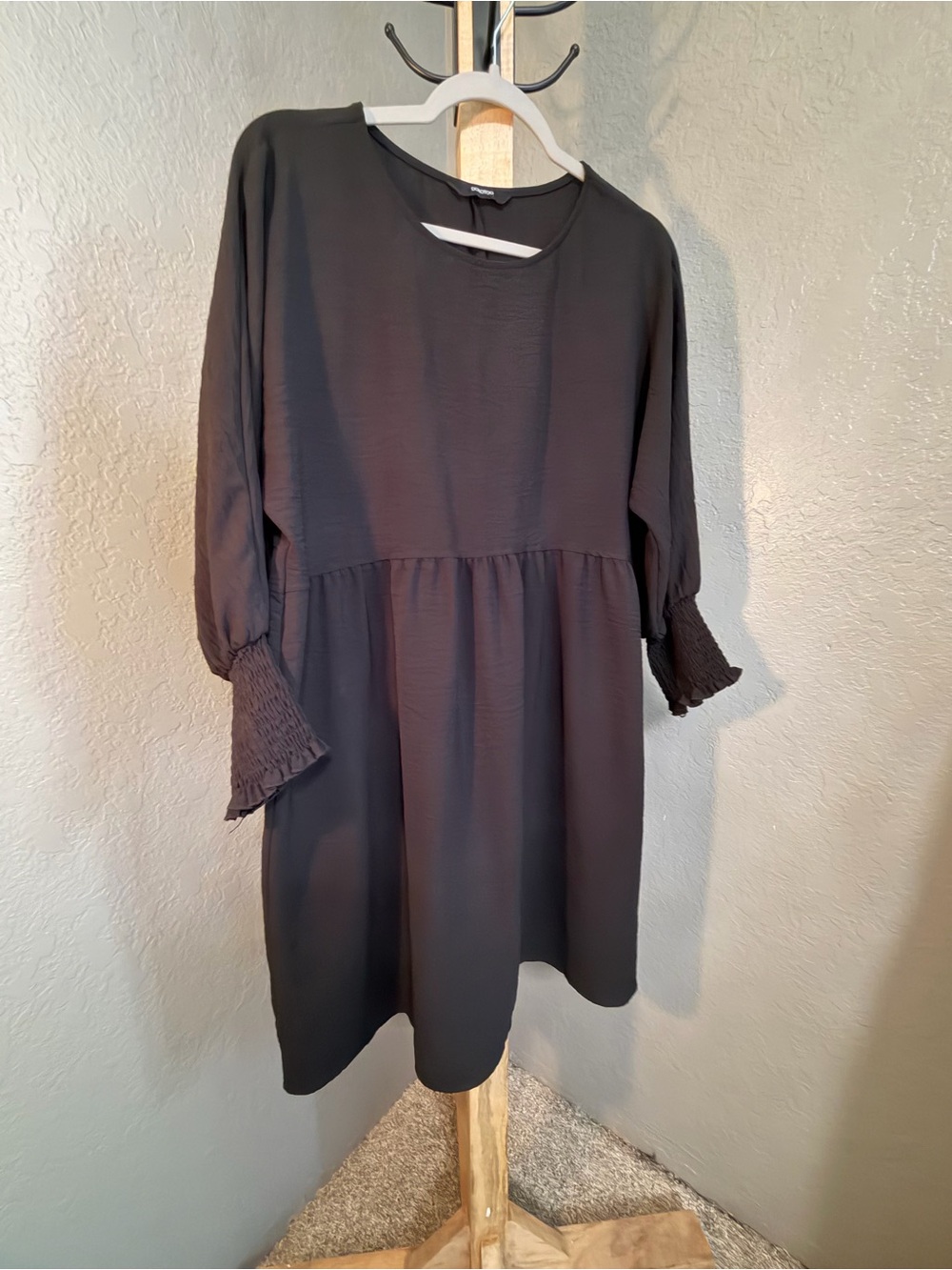 Black Smocked-Cuff Mini Dress - Relaxed Fit